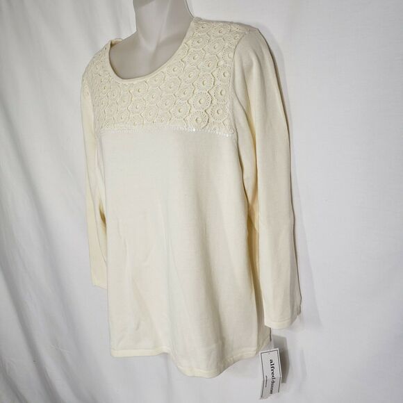 Alfred Dunner Womens Sweater Small Crochet Lace Ivory Knit 3/4 Sleeve Sequins - Picture 6 of 11